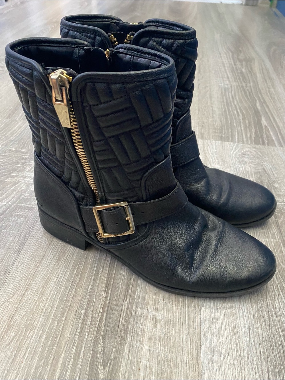 Calvin Klein Black Quilted Ankle Booties with Gold Hardware